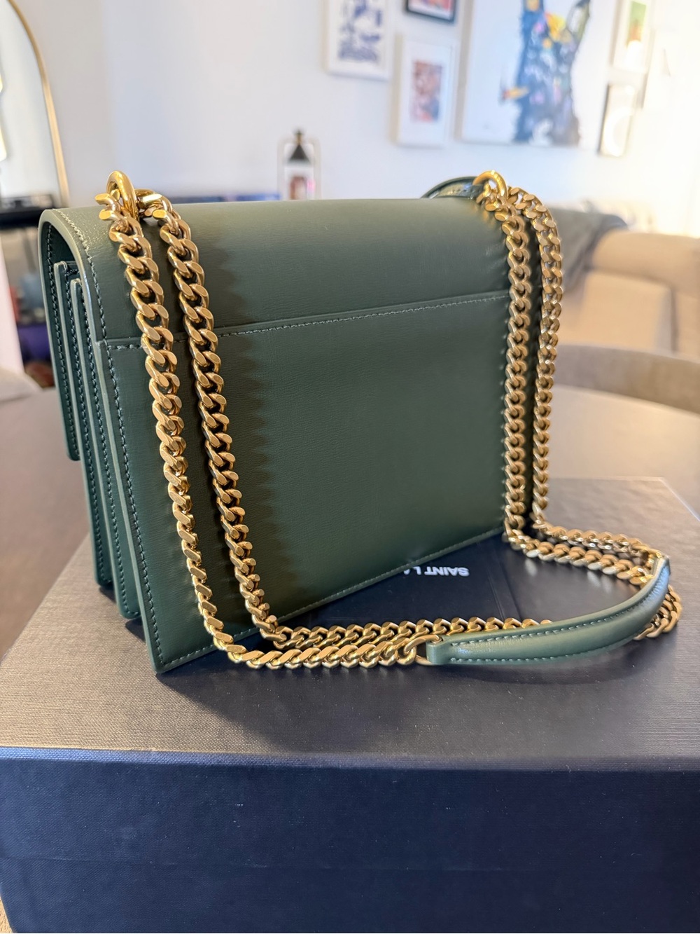 Saint Laurent Sunset Bag, Olive Green Smooth Leather, Chain Strap, Gold Hardware - Picture 5 of 9